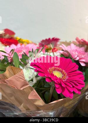 Wunderschön angeordnete Blumensträuße in verschiedenen leuchtenden Farben zeigen eine atemberaubende Darstellung der Schönheit der Natur. Enthält eine Auswahl an lebhaften Farben Stockfoto