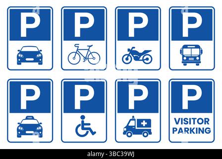 Sammlung von Parkschildern für verschiedene Fahrzeuge und Zwecke Stock Vektor
