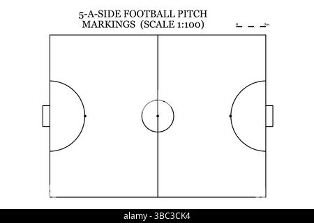 Diagramm des standardmäßigen 5-gegen-Fußball-Spielfeldes mit markierten Grenzen und Torbereichen für das Gameplay-Layout. Ideal für Coaching-Taktiken Stockfoto