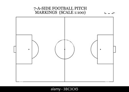 Diagramm des standardmäßigen 7-gegen-Fußball-Spielfeldes mit markierten Grenzen und Torbereichen für das Gameplay. Ideal für Coaching-Taktiken Stockfoto