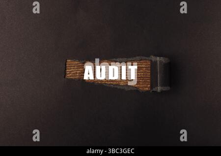 Ein Stück Holz, auf dem das Wort Audit steht. Das Wort ist weiß auf schwarzem Hintergrund geschrieben Stockfoto