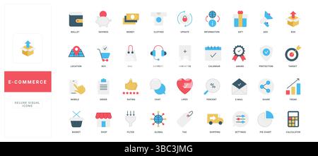 E-Commerce, Online-Kauf bei Verkauf und Zahlung, Kundenkonto, farbige Geschenksymbole. Bestellversand, kommerzielle Werbung und Warenkorb, Likes und Bewertung von Shop-Client flache Vektor-Illustration Stock Vektor