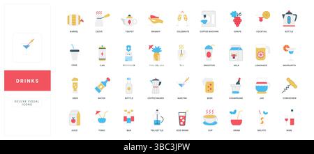 Getränke und Getränke im Pub, Bar-Restaurant-Menü, Cocktails der Strandparty in Farbe Icon Set. Glasflasche und Tasse Bier und Wein, Champagner Toast, heißer Tee und Kaffee, Saft flache Vektor Illustration Stock Vektor