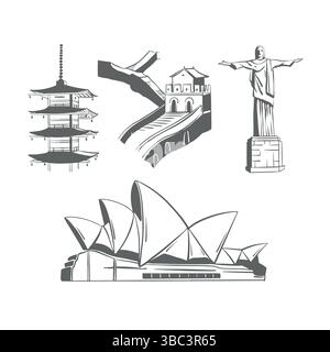 Line Attraktionen der Welt. Wahrzeichen Der Welt. Gebäudeskizze. Set von Orientierungspunkten aus verschiedenen Ländern. Christus der Erlöser, Sydney Opera House, Chinesische Mauer, Chureito-Pagode. Umrandung von abgewickelten Vektorabbildungen, isoliert auf weiß. Vektorabbildung Stock Vektor