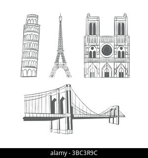 Line Attraktionen der Welt. Wahrzeichen Der Welt. Gebäudeskizze. Set von Orientierungspunkten aus verschiedenen Ländern. Eiffelturm, Notre Dame de Paris, Turm von Pisa, Brooklyn Brücke. Umrandung von abgewickelten Vektorabbildungen, isoliert auf weiß. Vektorabbildung Stock Vektor