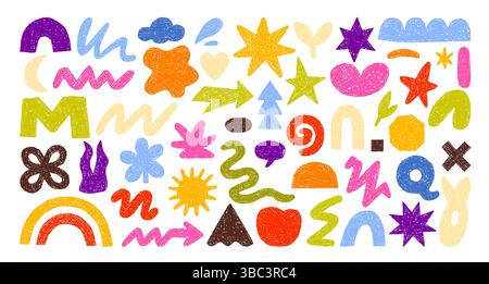 Bunte Kreide gezeichnete Formen, Buntstift- oder Bleistift-Kinderskizzen, niedliche, naive Aufkleber. Pfeil und Stern, Herz und Sonne, Blume, Scribble und Blob minimale Straße Graffiti Vektor Illustration Stock Vektor
