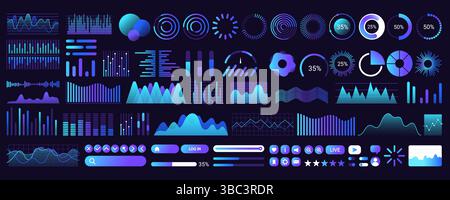 Blaue UI-Dashboard-Elemente, Infografik und Datendiagramme, futuristisches Bedienfeld. Kreisanzeige, Schaltfläche und Fortschrittsbalken mit Verlaufseffekt, Visualisierungsvektorillustration für Analysen Stock Vektor