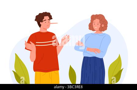 Mann mit langer Nase, der vor einer skeptischen Frau lügt, isoliert auf weißem Hintergrund, Konzept der Täuschung und Manipulationsvektorillustration Stock Vektor