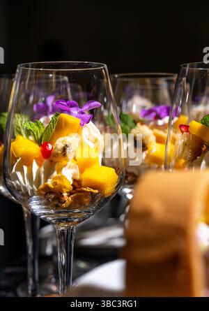 Elegantes mehrschichtiges Obstdessert in einem Weinglas Stockfoto