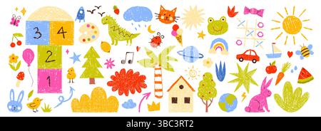 Kinderkreide, Pastellkreide und Farbstiftzeichnungen Set. Bunte Skizzen der kindlichen Fantasie Sammlung mit Sommerblume und grünem Baum, Sonne und Wolke, Haus Cartoon Vektor Illustration Stock Vektor