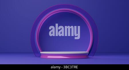 Leuchtende Neonbögen beleuchten eine minimalistische Bühne und erwecken ein Gefühl futuristischer Wunder, perfekt für Produktpräsentationen oder digitale Kunstpräsentationen. Stockfoto