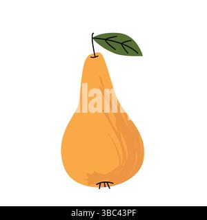 Minimale flache Birnenfigur mit einer warmen goldenen Farbe und einem einzelnen grünen Blatt. Ideal für umweltfreundliche Verpackungen, Lebensmittelblogs oder saisonale Grafiken. Stock Vektor