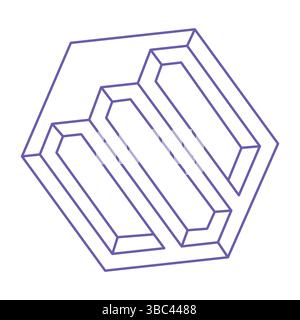 Optische Täuschung. Unmögliche Formen. Figur mit heiliger Geometrie. Tattoo in trendiger 2022 Very Peri Farbe. Abstrakte ewige geometrische Objekte. Optische Kunst Stock Vektor