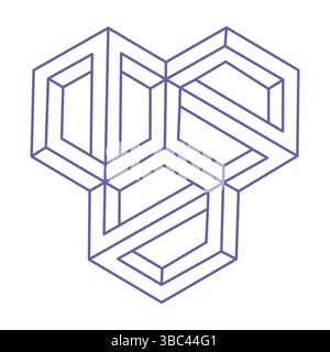 Optische Täuschung. Unmögliche Formen. Figur mit heiliger Geometrie. Tattoo in trendiger 2022 Very Peri Farbe. Unmögliche endliche Konturformen. Optische Kunst Stock Vektor