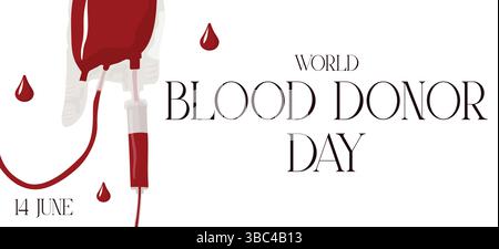 Weltblutspender Tag minimalistische Banner flache Vektor-Illustration mit Blutbeutel und Tropfen. Stock Vektor