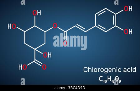 Chlorogensäuremolekül. Chemische Struktur pflanzlicher Polyphenolantioxidationsmittel, dunkelblauer Hintergrund Stock Vektor