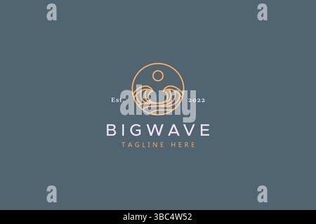 Abstraktes Logo-Abzeichen mit „Big Wave at Ocean“-Illustration. Stock Vektor
