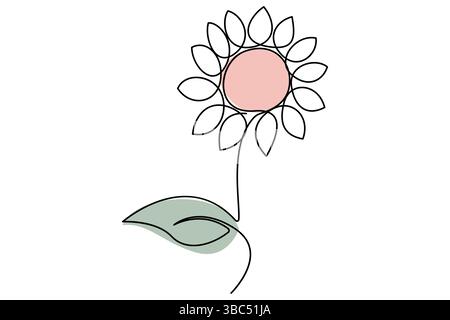 Setzt die einzeilige Zeichnung einer Sonnenblumen- und Blattvektorillustration fort Stock Vektor
