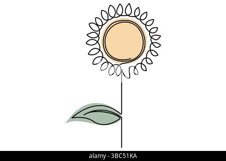Setzt die einzeilige Zeichnung einer Sonnenblumen- und Blattvektorillustration fort Stock Vektor