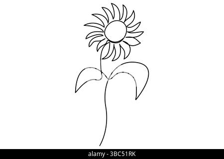Setzt die einzeilige Zeichnung einer Sonnenblumen- und Blattvektorillustration fort Stock Vektor