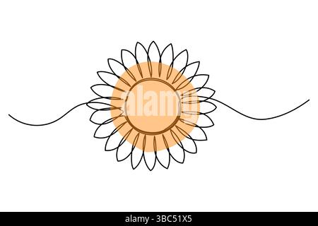 Setzt die einzeilige Zeichnung einer Sonnenblumen- und Blattvektorillustration fort Stock Vektor