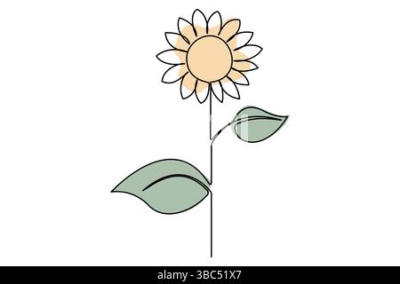 Setzt die einzeilige Zeichnung einer Sonnenblumen- und Blattvektorillustration fort Stock Vektor