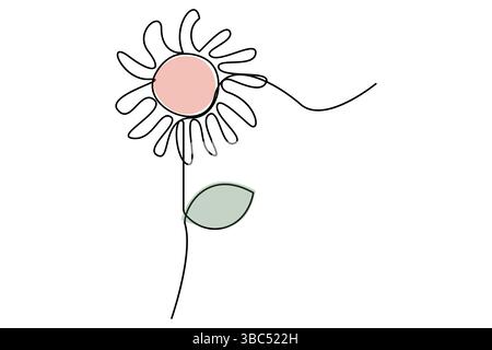 Setzt die einzeilige Zeichnung einer Sonnenblumen- und Blattvektorillustration fort Stock Vektor