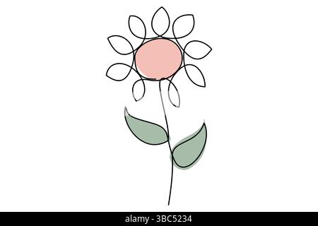Setzt die einzeilige Zeichnung einer Sonnenblumen- und Blattvektorillustration fort Stock Vektor