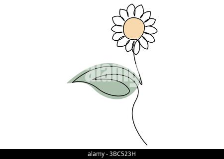 Setzt die einzeilige Zeichnung einer Sonnenblumen- und Blattvektorillustration fort Stock Vektor