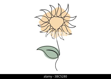 Setzt die einzeilige Zeichnung einer Sonnenblumen- und Blattvektorillustration fort Stock Vektor