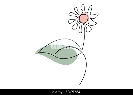 Setzt die einzeilige Zeichnung einer Sonnenblumen- und Blattvektorillustration fort Stock Vektor