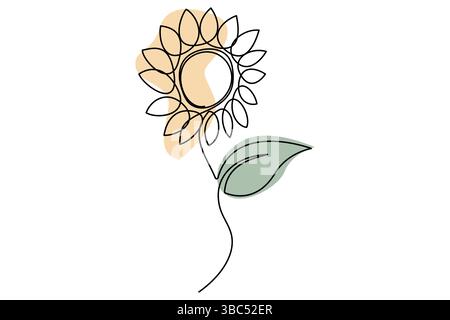 Setzt die einzeilige Zeichnung einer Sonnenblumen- und Blattvektorillustration fort Stock Vektor