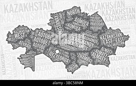 Kasachstan Regionen Karte Wortwolke. Namen der Region Kasachstan. Schwarz-weiß-Kartendesign. Stilvolle Vektorillustration. Stock Vektor
