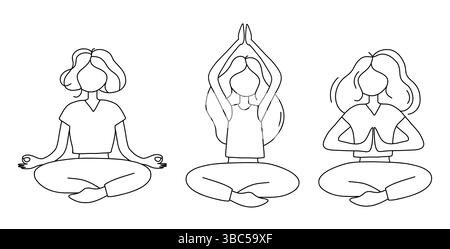 Linienkunst von drei Personen, die Yoga und Meditation in verschiedenen Posen praktizieren Stock Vektor