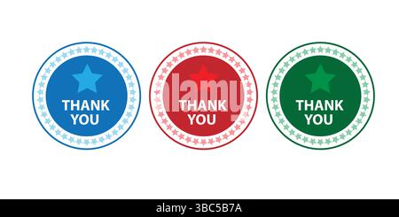 Set mit kreisförmigen Dankeschön-Etiketten in Rot, Blau und Grün Stock Vektor