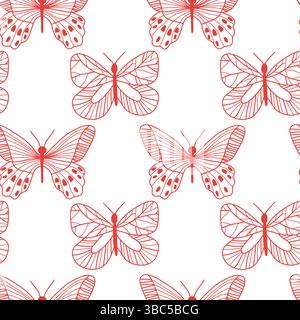 Nahtloses Muster von roten Schmetterlingskonturen auf weißem Hintergrund Stock Vektor