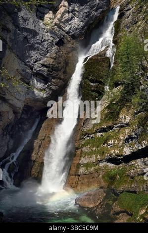 Wasserfall Savica, in der Nähe des Bohinj-Sees, Nationalpark Triglav, Julische Alpen, Slowenien, im vertikalen Format Stockfoto