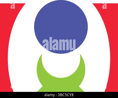 Abstraktes geometrisches Logo, moderne bunte Vektor-Kunst mit rotierendem blauem Kreis, dynamischem grünem Halbmond und beweglichen roten Formen auf weißem Hintergrund Stock Vektor