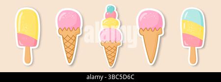 Ein Set Eis in verschiedenen Formen auf gelbem Hintergrund. Stock Vektor