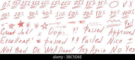 Prüfungsangabe in Prozent markiert Kritzelstil-Set. Schultest Ergebnisse handgezeichnete Singen. Lehrer-Prozentpunkte für Schüleraufgaben. Handgeschriebener Vektor Stock Vektor