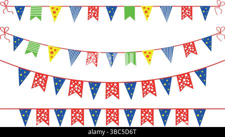 Konfetti festliche Flaggengirlanden Streamer. Dreieck-Wimpel-Kettenkonzept für Party und Geburtstag. Stock Vektor