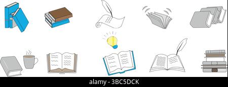 Buchzeilen-Kritzelsymbole. Offene Bibliothek, Lesen, Schulbildung. Handgezeichnetes Tagebücher mit Sketch-Stil-Linien. Stock Vektor