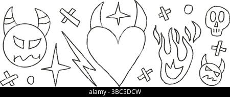 Schlechtes Gefühl handgezeichnet Set. Punk-Kohle-Breaking Heart Doodle Hintergrund. Scribble Grunge Formen. Graffiti-Kunst mit Teufelskunst, Feuer und Linien. Vektoren Stock Vektor