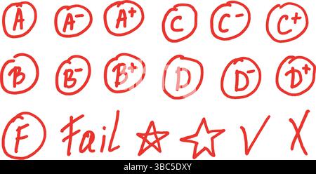 Prüfungsbriefe Bewertungsmarken Kritzelstil Set. Schultest Ergebnisse handgezeichnete Singen. Lehrerbewertungen für Hausaufgaben. Vektor handgeschriebene Scribble Qualificatio Stock Vektor
