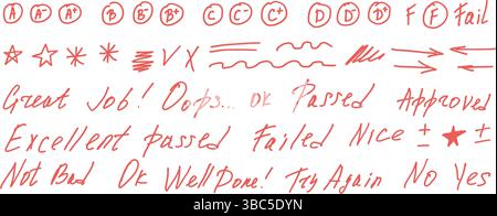 Prüfungsbriefe Bewertungsmarken Kritzelstil Set. Schultest Ergebnisse handgezeichnete Singen. Lehrerbewertungen für Hausaufgaben. Vektor handgeschriebene Scribble Qualificatio Stock Vektor