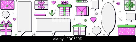 Set mit Pixel-Art-Sprechblasen und Geschenkboxen. 8-Bit-Retro-Callouts mit Geburtstagsgeschenken und Herzen. Rechteckige und runde Chat-y2k-Rahmen. Digitale Messa Stock Vektor