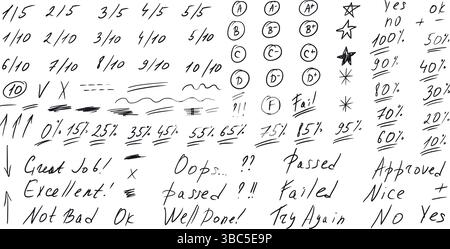 Prüfungsergebnisse Kritzelstil-Set. Schultestergebnisse verschiedene handgezeichnete Sänge. Lehrer-Scores von Schüleraufgaben. Vektor-handgeschriebenes Scribble aca Stock Vektor