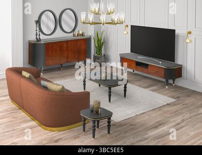 3D-Renderzimmer, Sofa, Couchtisch und tv-Tisch in moderner Dekoration Stockfoto