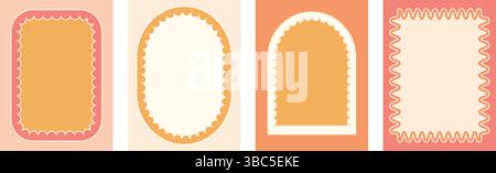 Geometrische Muschelrahmen. Gewellter grooviger Bogen, rechteckige und ovale Ränder isoliert auf weißem Hintergrund. Poster mit wackeligen Dekoelementen. Vecto Stock Vektor