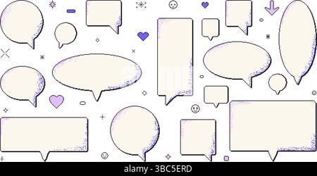 Pixelbild-Sprechblasen Set. 8-Bit-Textfelder mit Herzen, Pfeil und Glitzern. Rechteckige und runde Chatframes mit Rauschen-Dithering. Dialog rückwirkend. Di Stock Vektor